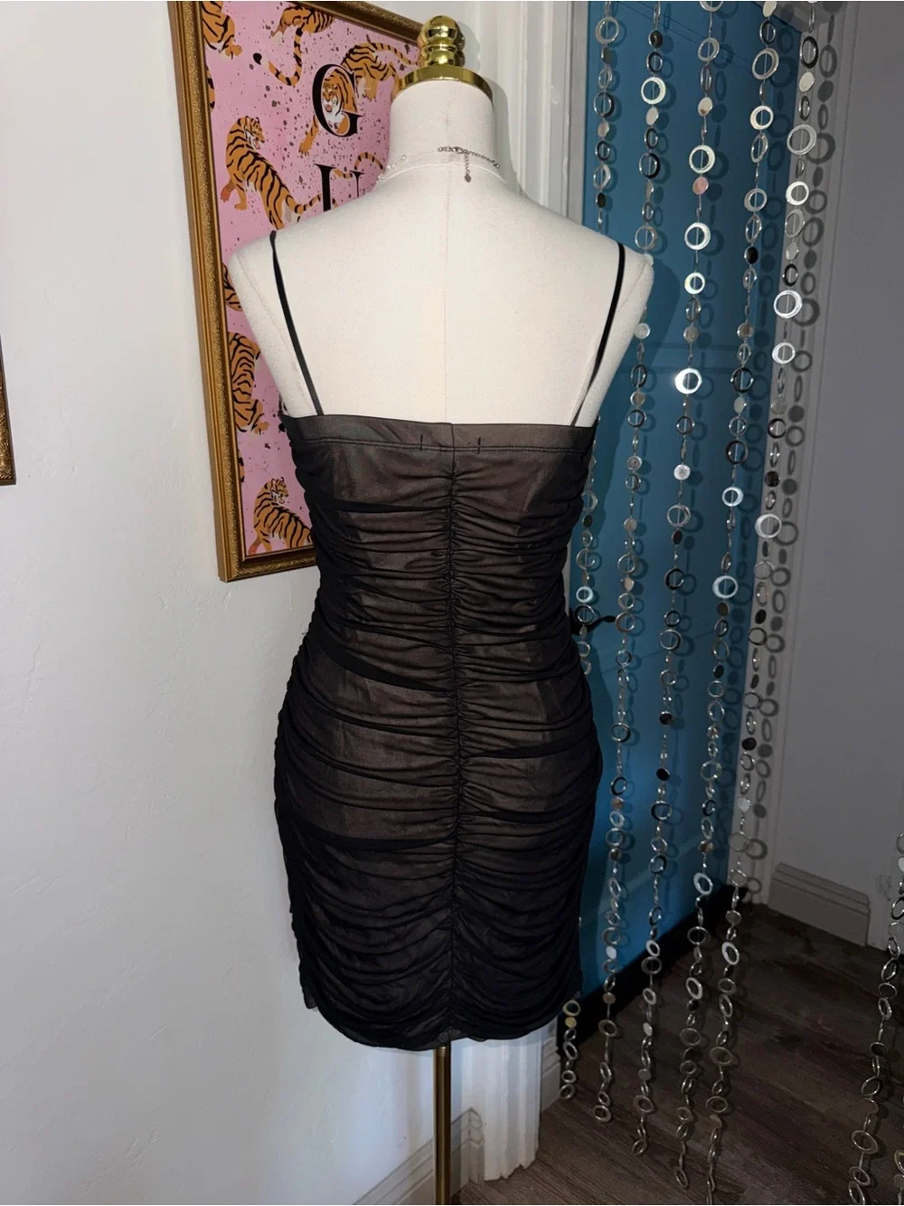 Vintage Y2K City Triangles Black Lace Ruched Bodycon Dress